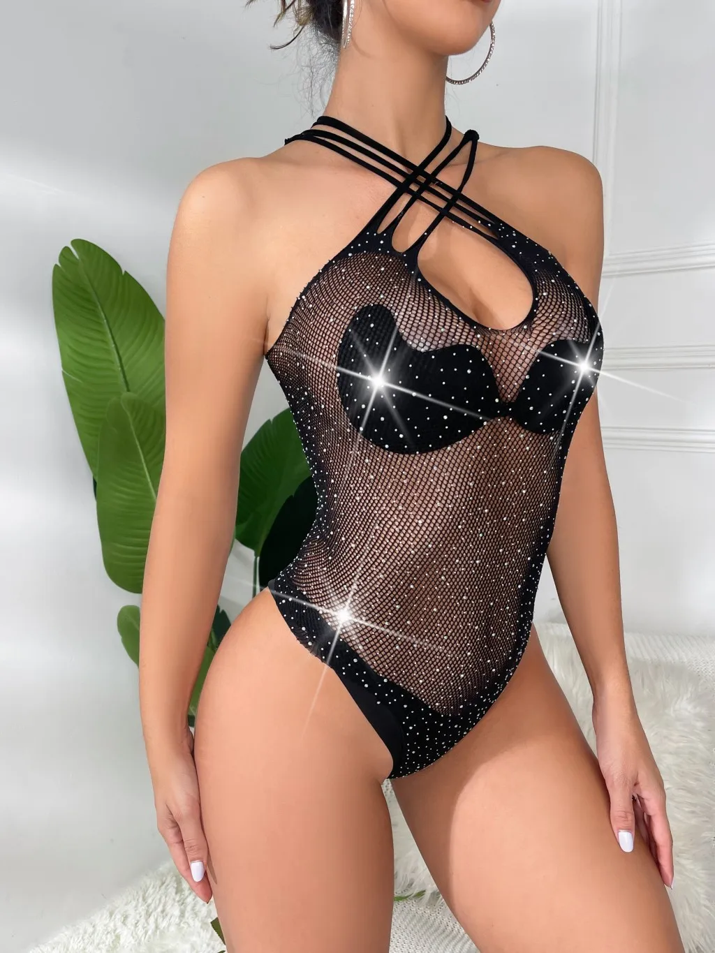 Cross-border sparkling rhinestone hip skirt one-piece sexy netting