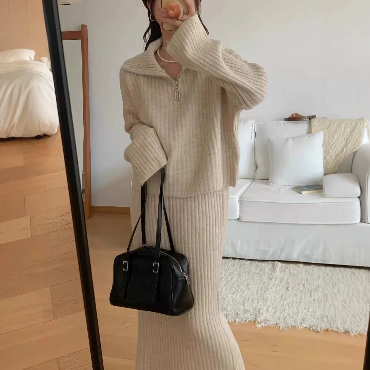 Loose Knitted Sweater Set Women's Autumn Winter Casual Fashion Artistic Vintage Style Half-Zip Collared Knitwear Two-Piece Set