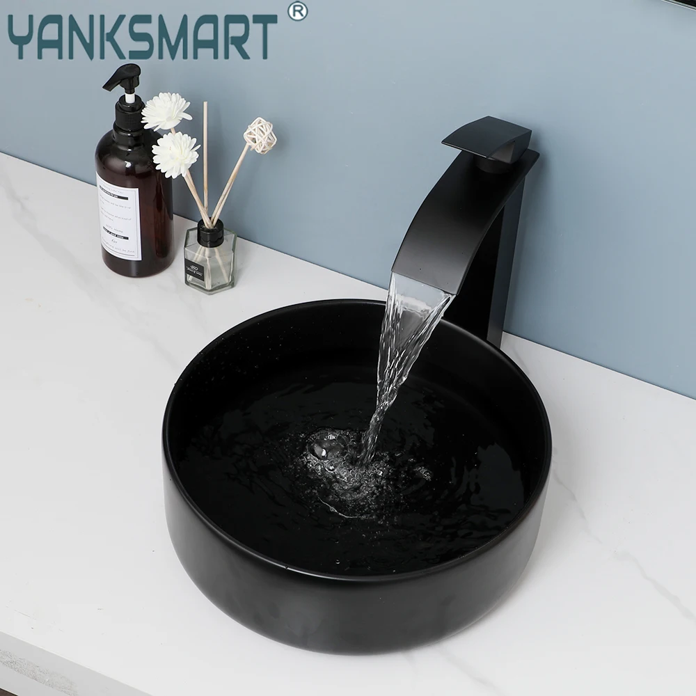 

YANKSMART Matte Black Bathroom Sink Ceramic Round Basin Faucet Set Counter Top Washroom Vessel Vanity Mixer Water Tap Combo Kit