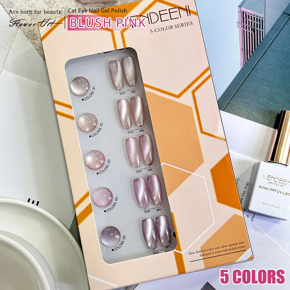 Vendeeni 5 Farben/Set Blush Pink Katzenaugen-Gel-Nagellack Magnetischer UV-LED Soak-Off Gel-Lack Kristall-Katzenaugen-Gel mit Display – Detail 12