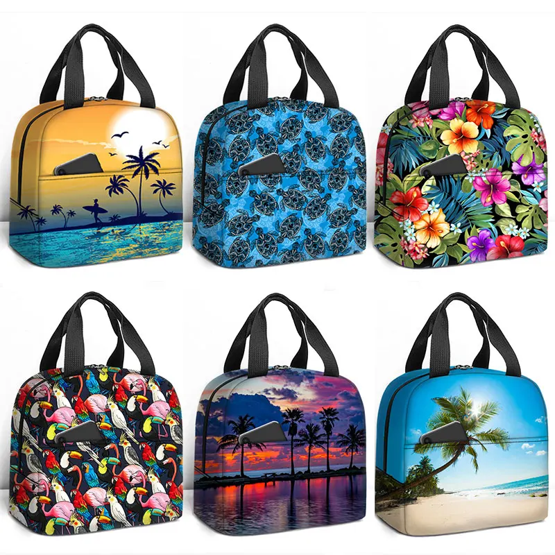 Tropical Hawaiian Beach Style Insulated Lunch Bag Coconut Palm Tree Food Storage Bags Portable Schools Travel Picnic Lunch Box