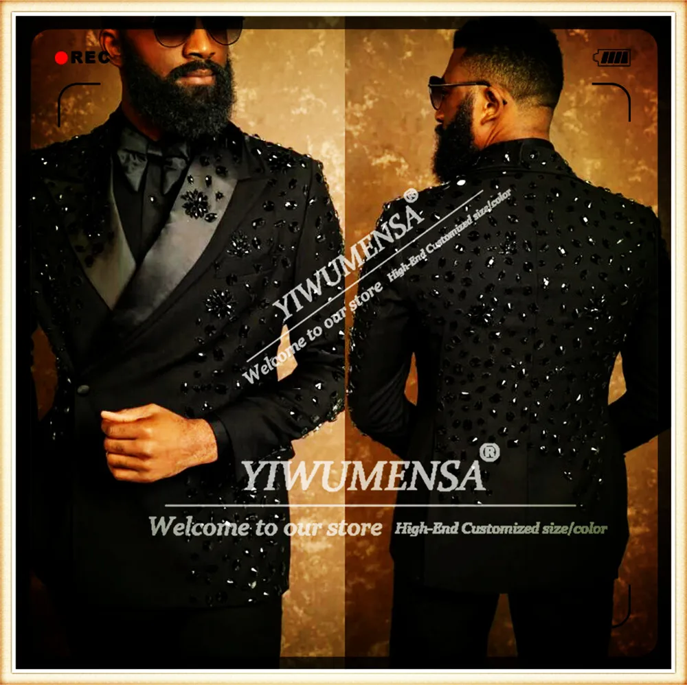 

Exclusive Men's Suit 2 Pieces Sets Double Breasted Jacket Pants Customized Groom Formal Party Tuxedos Beaded Stones Male Outfits