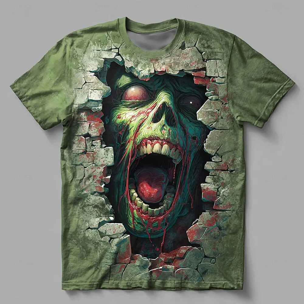 

3D Print Zombie Face Graphic Men's T-Shirts Gothic Horror Style Short Sleeve Pullover Halloween Party Creative Design O-Neck Top