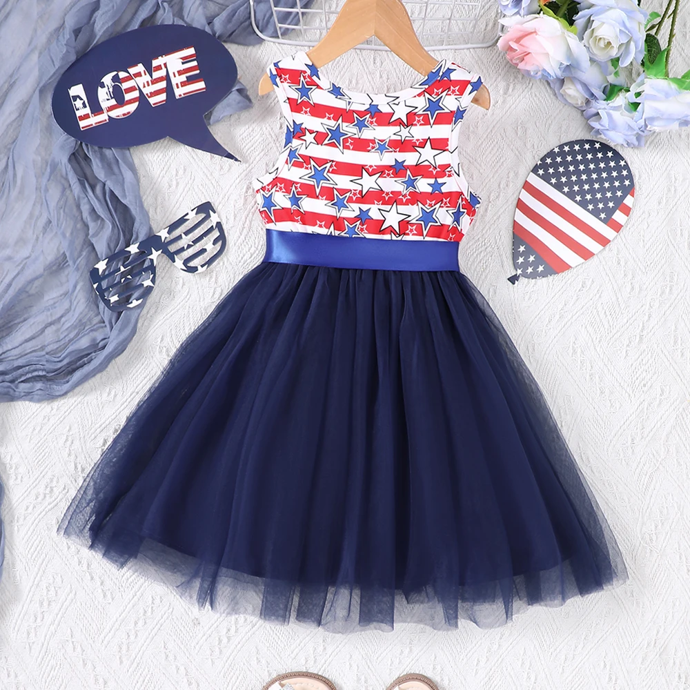 Girls' spring and summer American Independence Day festive patchwork mesh dress sleeveless vest dress