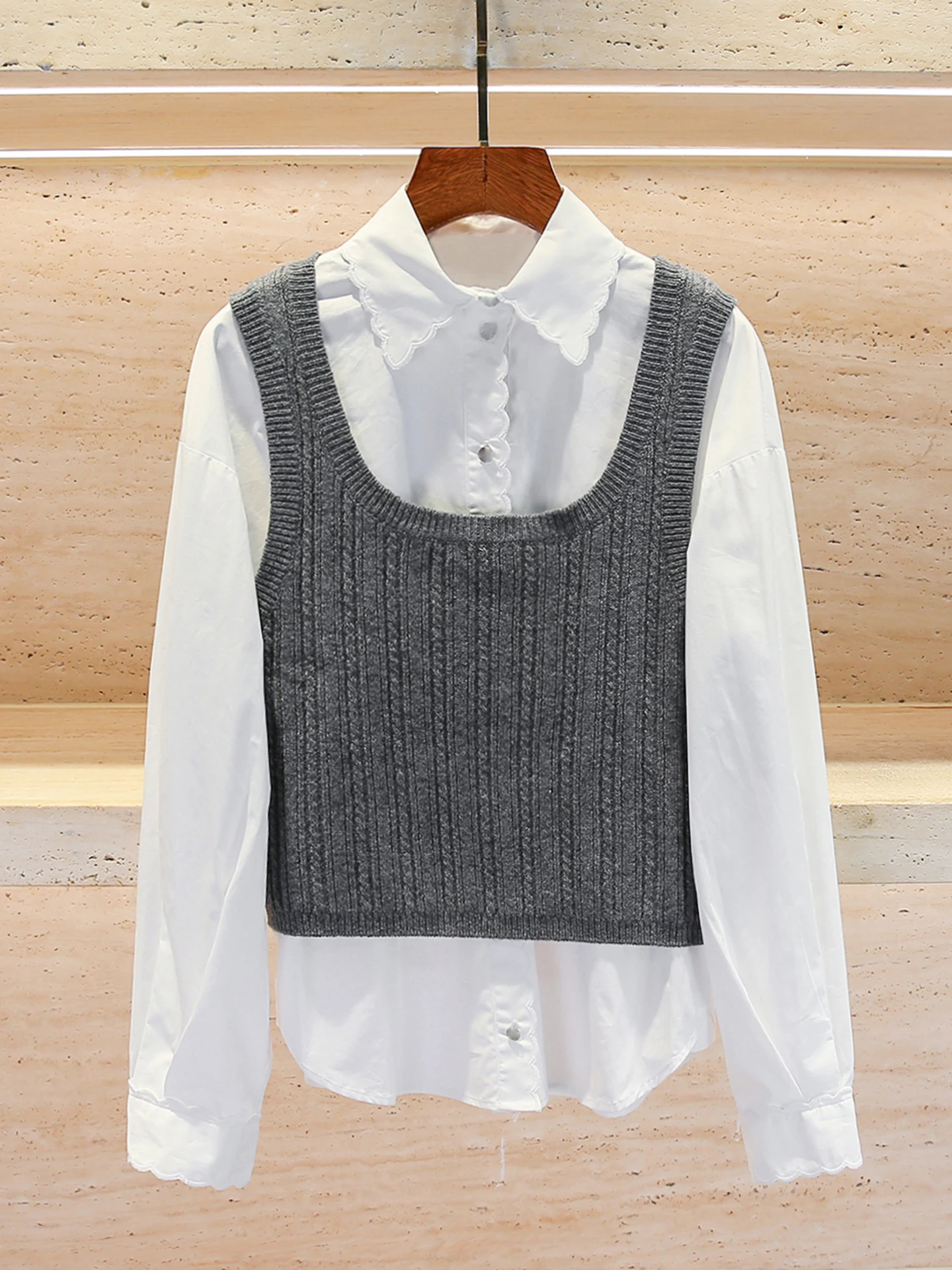 

M Home Nan You High End Women's Casual Knitted irt Collared Versatile Top Fake Two-Piece Design Comfortable Long Sve