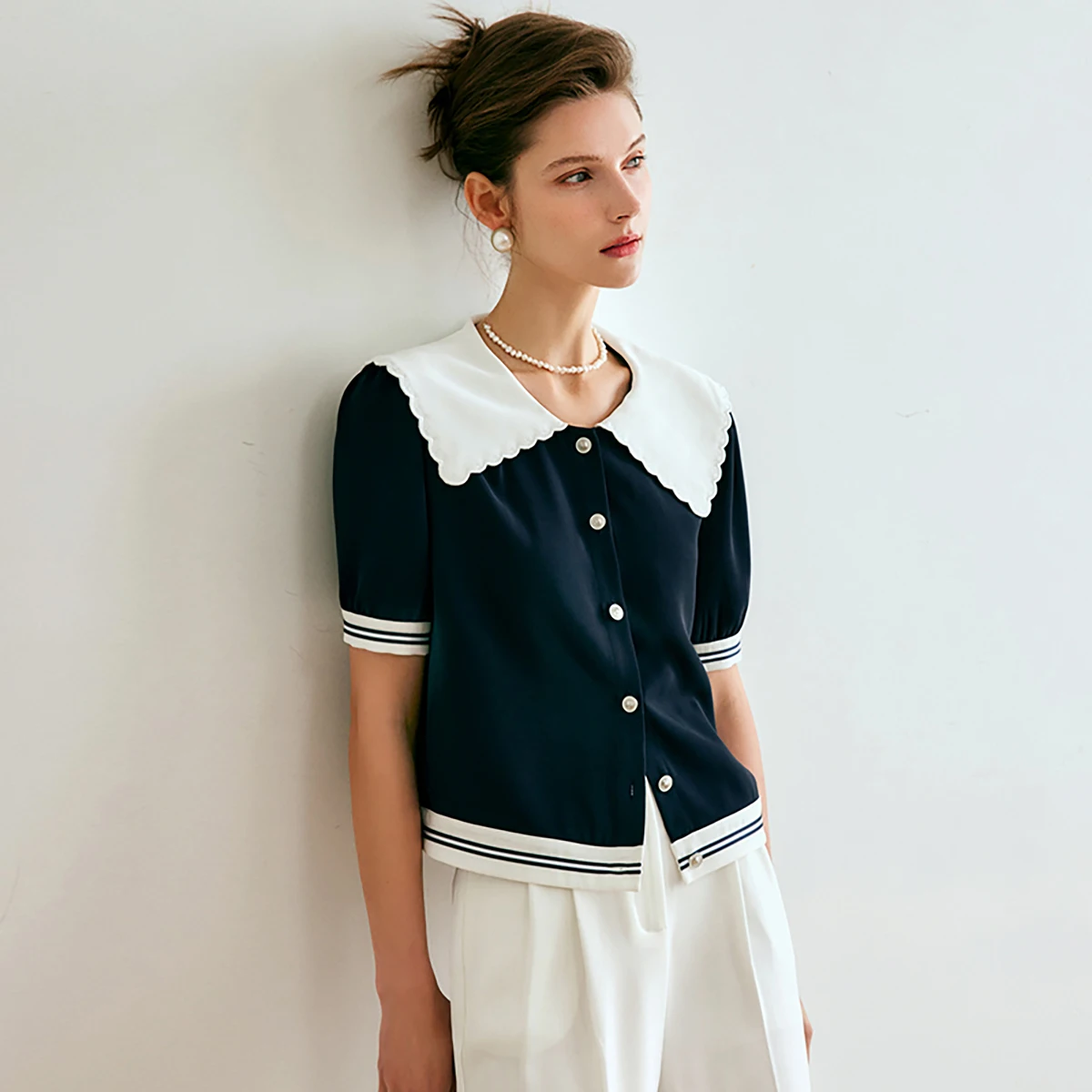 OLrain Women's Sailor Collar Shirt 2026 Royal Blue Spliced Loose Embroidered Single Breasted Female Blouses O22XC01198