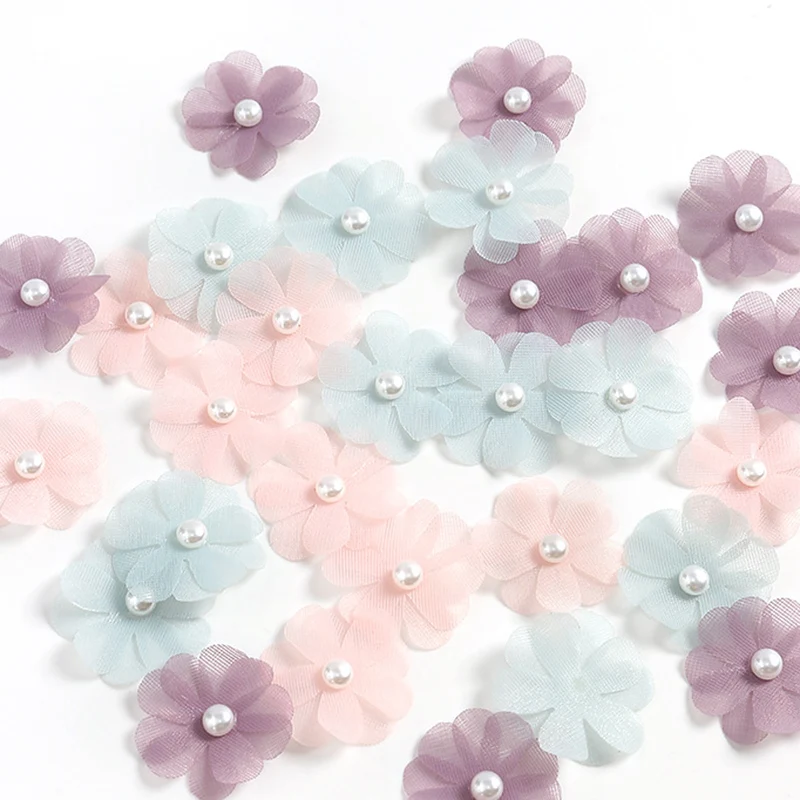 30Pcs 3.5CM Hot Sale Flower With Pearl Bead For Children\'s Headband Hair Clip Accessories Cloth Hats Decoration Patches