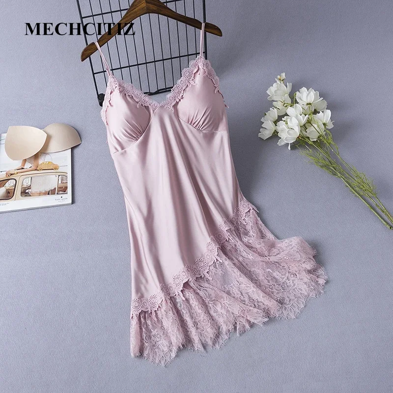 MECHCITIZ Women Nightgowns Sleepwear Sleepshirt Sexy V-neck Lace Nightdress Nightwear Satin Nightshirts Summer Silk Sleep Lounge