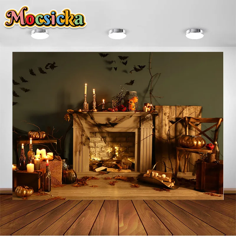 

Halloween Photo Background Fireplace Pumpkin Barrel Stone Wall Family Friends Party Decoration Banner Photography Studio Props