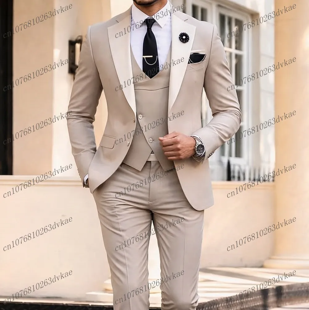 

Ivory Collar Beige Men Suit Wedding Party Formal Groom Groomsman Prom Business Male Tuxedos 3 Piece Set Jacket Vest Pants