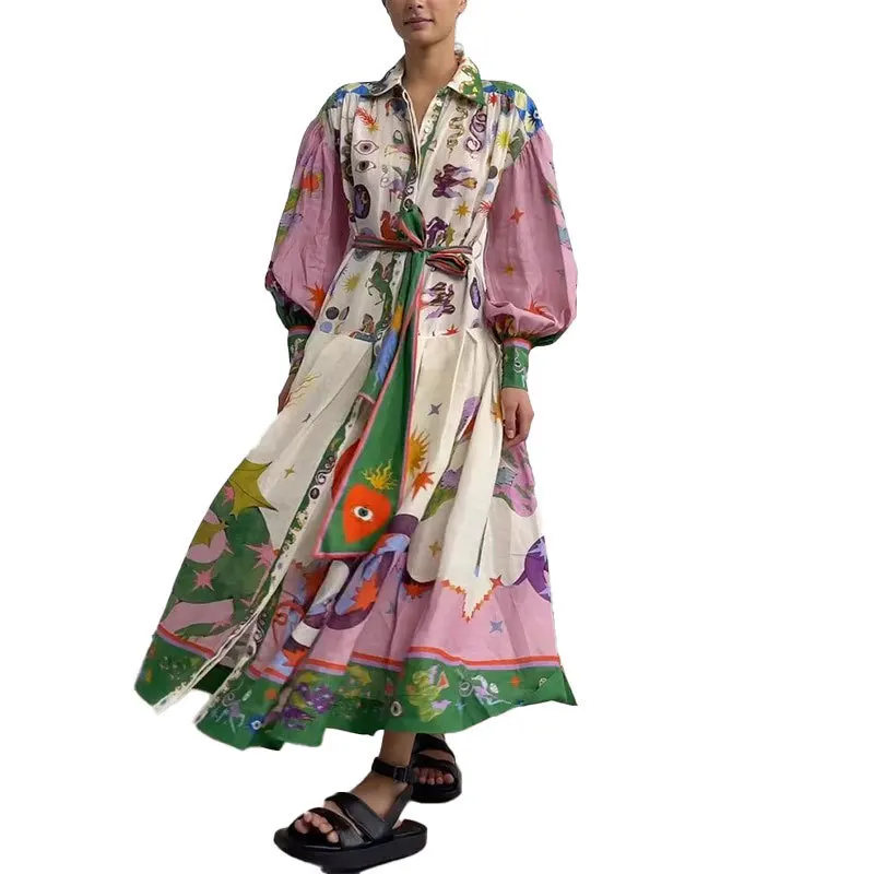 

European American Women's Clothing Cross-border Casual Personalized Printing V-neck Lace-up Waist Long-sleeved Pendulum Dress