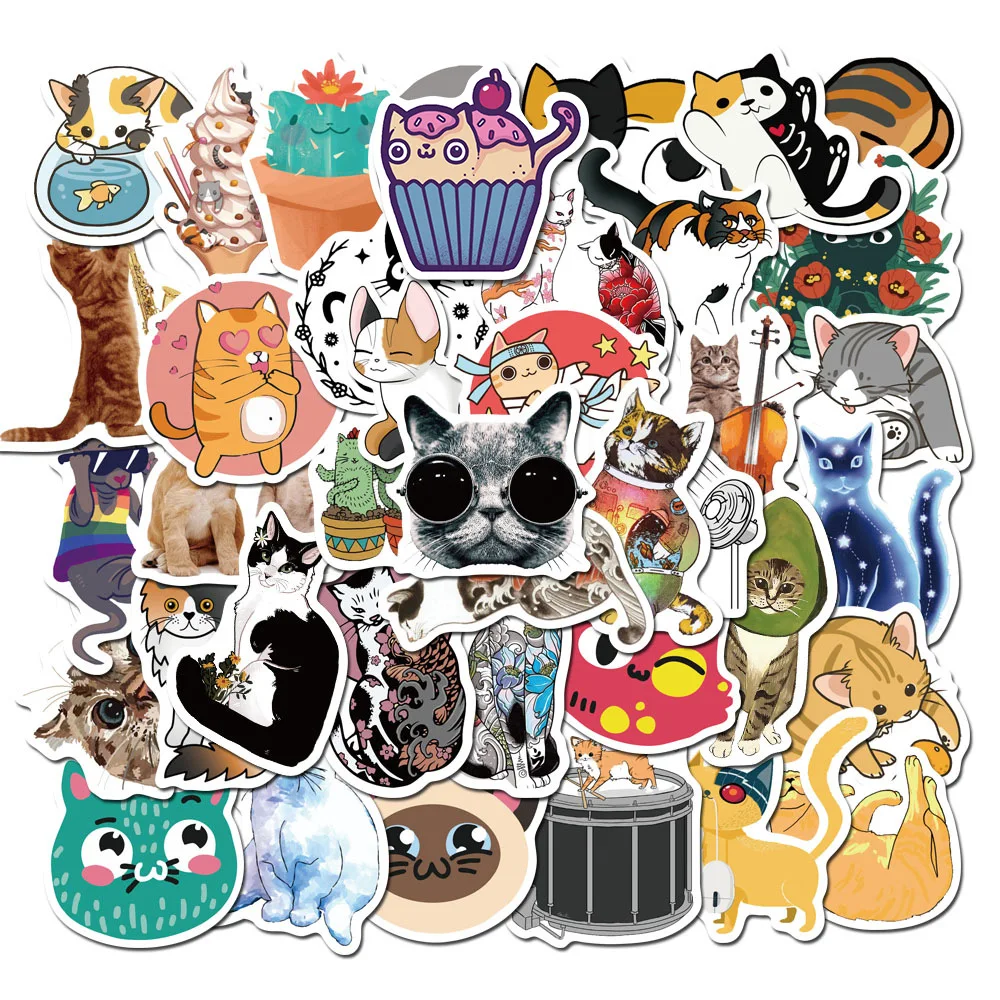 Waterproof Cartoon Cat Graffiti Adesivo, Adesivos decorativos estéticos, apto para bagagem, telefone, laptop, guitarra, copo, Scrapbook, crianças,