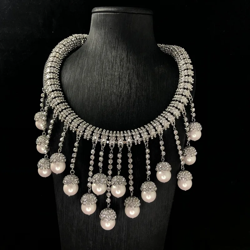 Copper Alloy Rhinestone Tassel Choker Necklace, Faux Pearl Drop Collar, Luxury Wedding Banquet Women Costume Jewelry