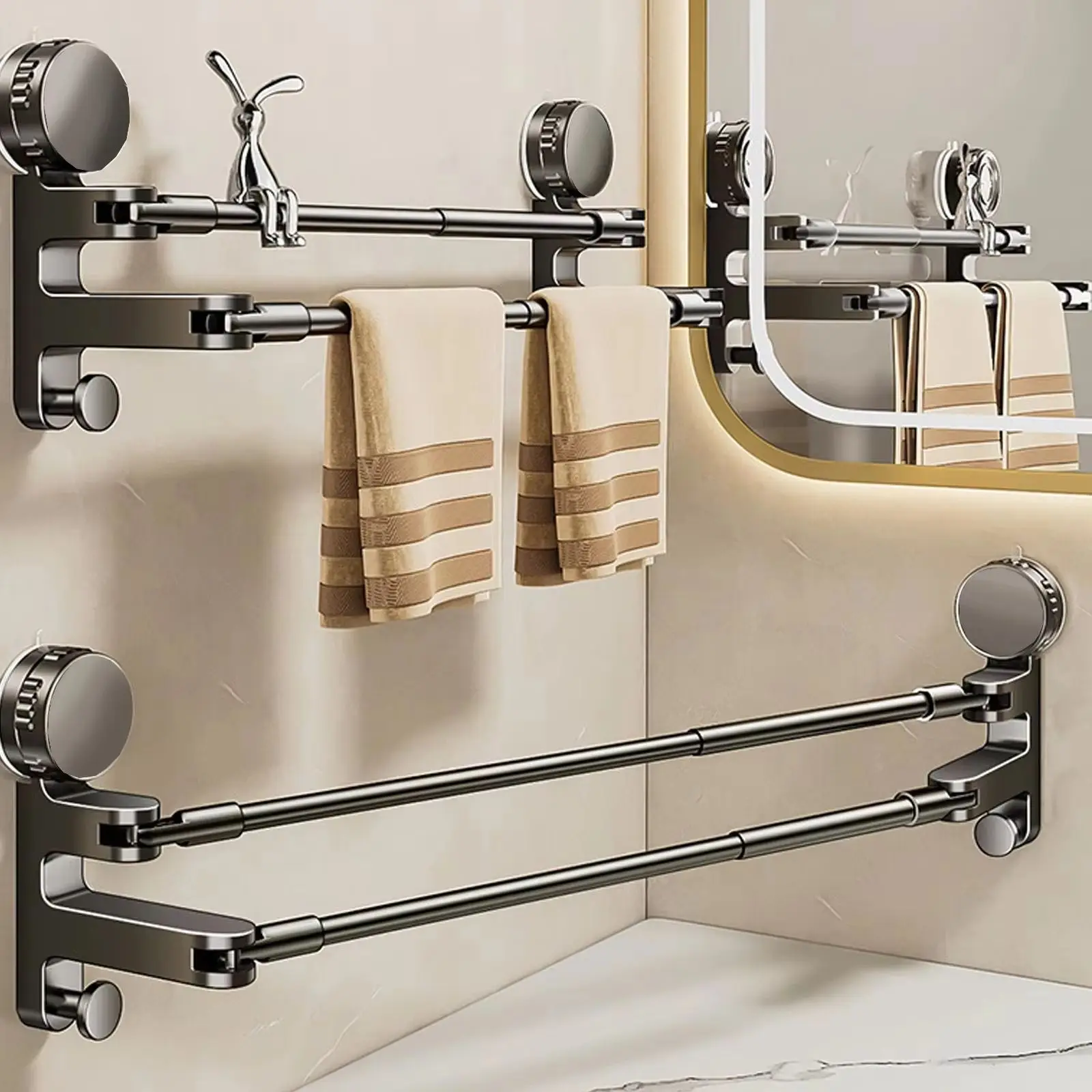 

Adjustable Suction Cup Towel Holder Bathroom Hand Towel Rack Wall Mount No Drill Mount 50-85cm Towel Bar Aluminium with Hook