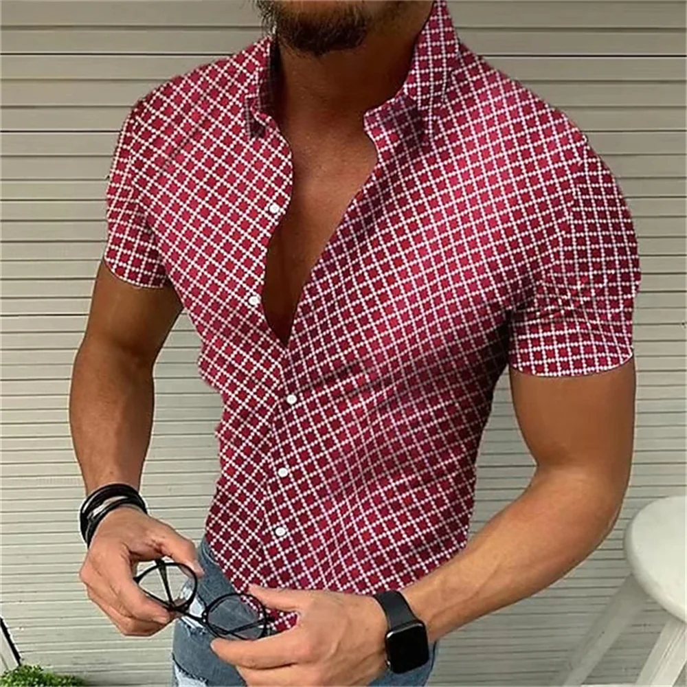 

Summer hot selling men's checkered printed collar button up shirt for leisure vacation comfortable fabric men's top