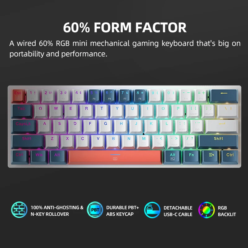 Machenike K500-B61 Mini Mechanical Keybaord 60% Form Factor Wired Full Key Hot-Swappable RGB Backlit 61Keys Gaming Keybaord