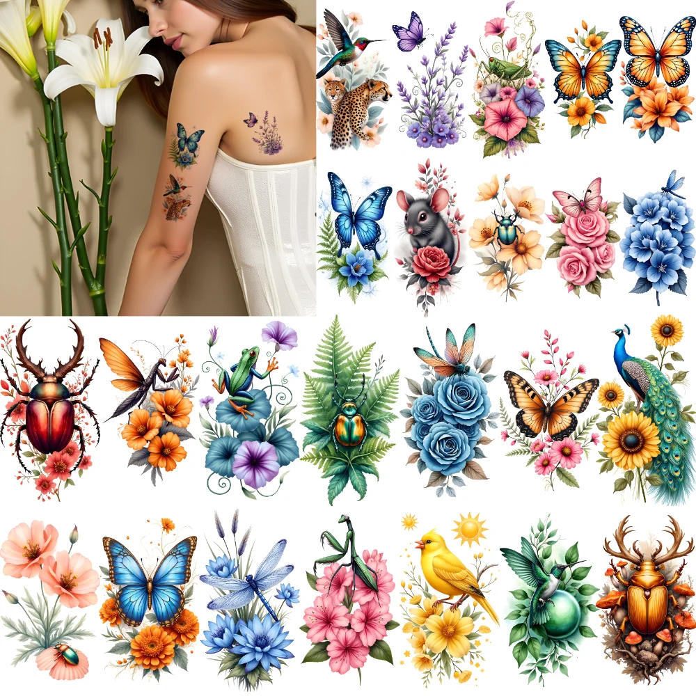 

28pcs Temporary Tattoo Colorful Roses Beetle Hummingbird For Adult Thighs Back