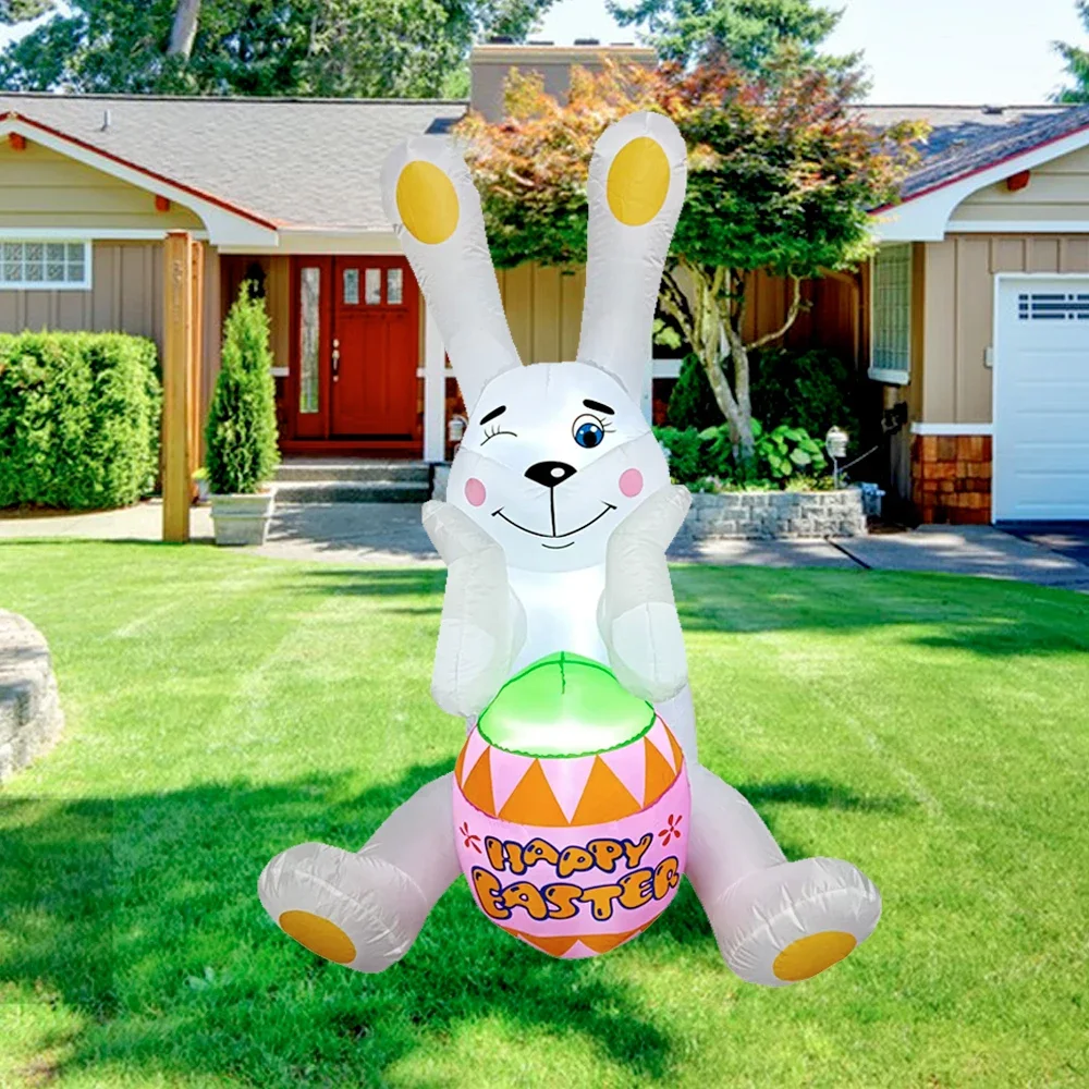 Easter Inflatable Bunny Blow Up Yard Decoration LED Lights Rabbit with Egg Inflatable Toy Outdoor Garden Lawn Holiday Home Decor