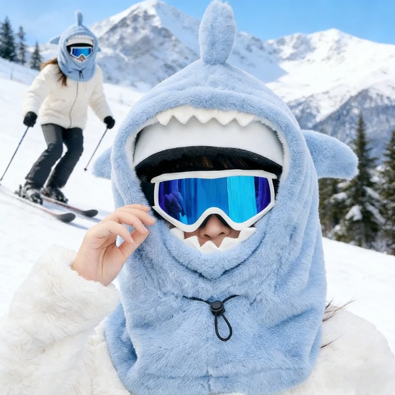 

Cute Cartoon Shark Plush Hat Integrated Ear Protection Mask Windproof Cycling Travel Ski Helmet Winter Keep Warm Accessories