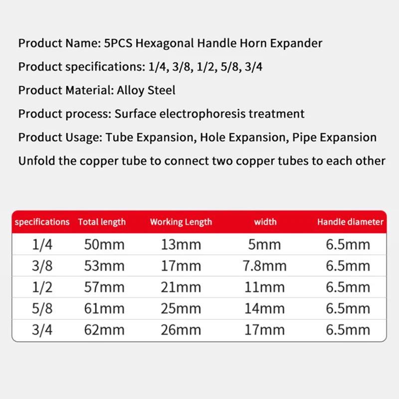 

1/5 Sets Metal Copper Pipe Conversion Tool A/C Repair Drill Bit Flaring Instrument Tube Pipe Broadener with Hex Handle