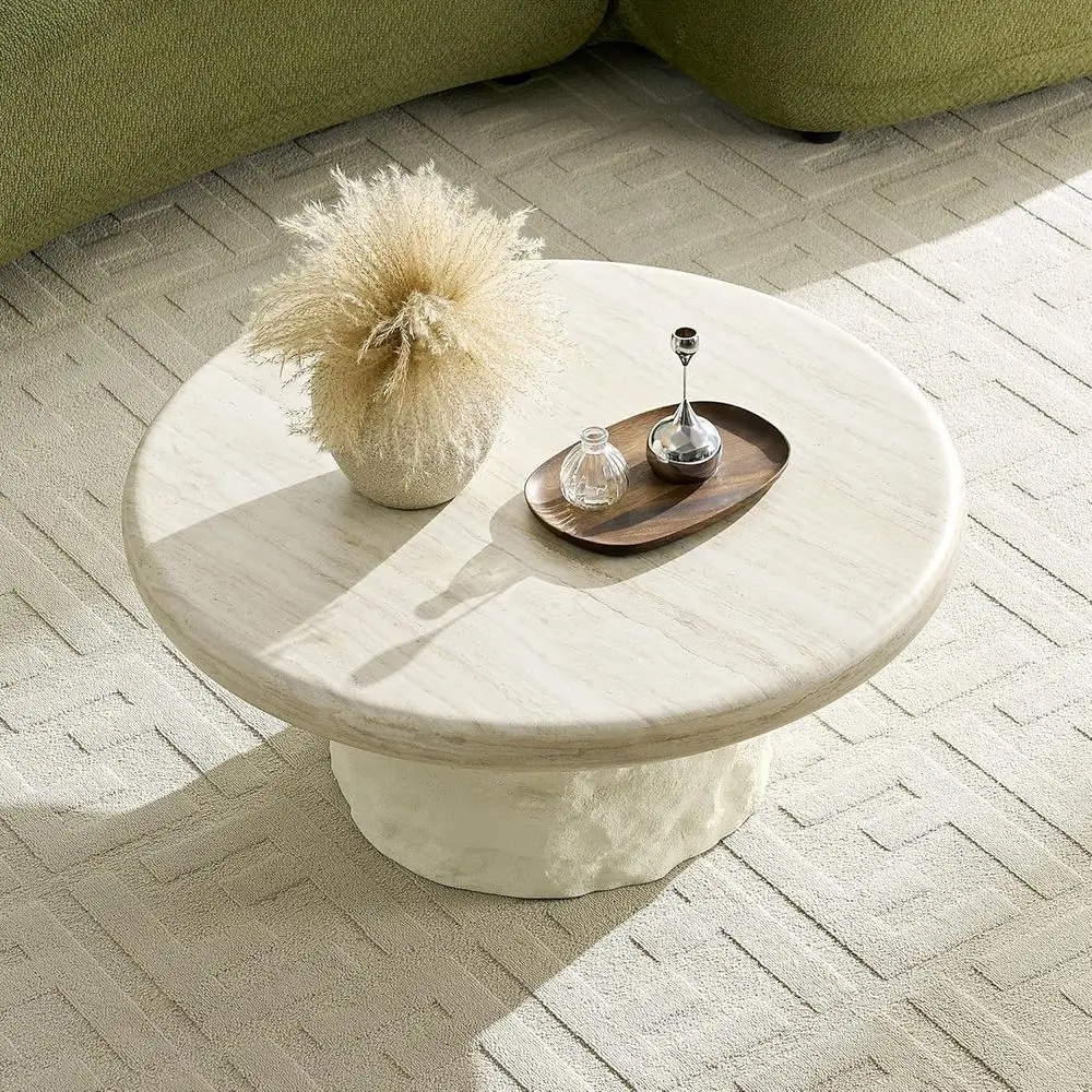 

Beige Marble Top Coffee Table with Accent Drum Side Tables for Living Room, 35.04 x 14.96