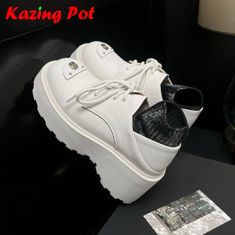 Krazing Pot Ins Cow Split Skin Spring Autumn Shoes Thick Bottom Crystal-studded Platform British School Women Deep Mouth Pumps