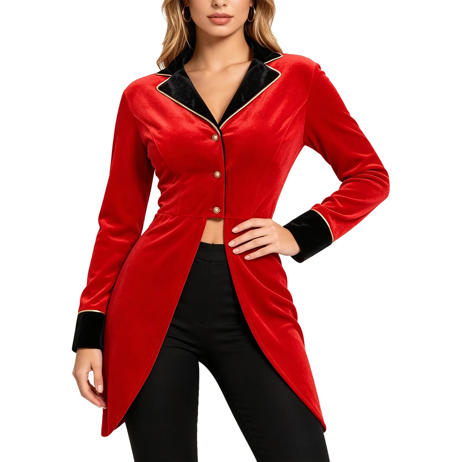 Disfraz de directora de circo para mujer, con detalles dorados, cuello con solapa, mangas largas y chaqueta de terciopelo con bloques de color, ideal para fiestas de Halloween.