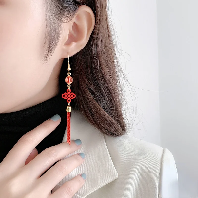 Ethnic Style Red Color Stud Earrings for Women Lantern Chinese Knotting Shaped New Year Festival Jewelry Gifts Charm Ornaments