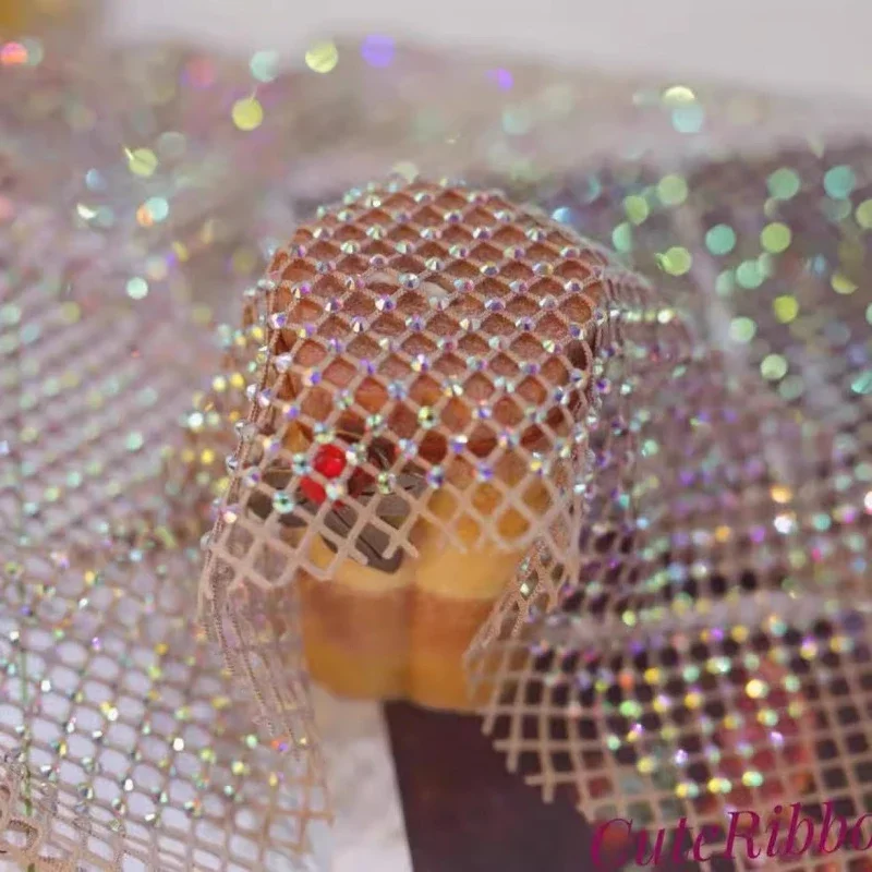 Hotfix Rhinestone Elastic Mesh Fabric for DIY Sewing Shoes Hat Clothing Fashion Designer Fabrics Material Cloth By The Yard