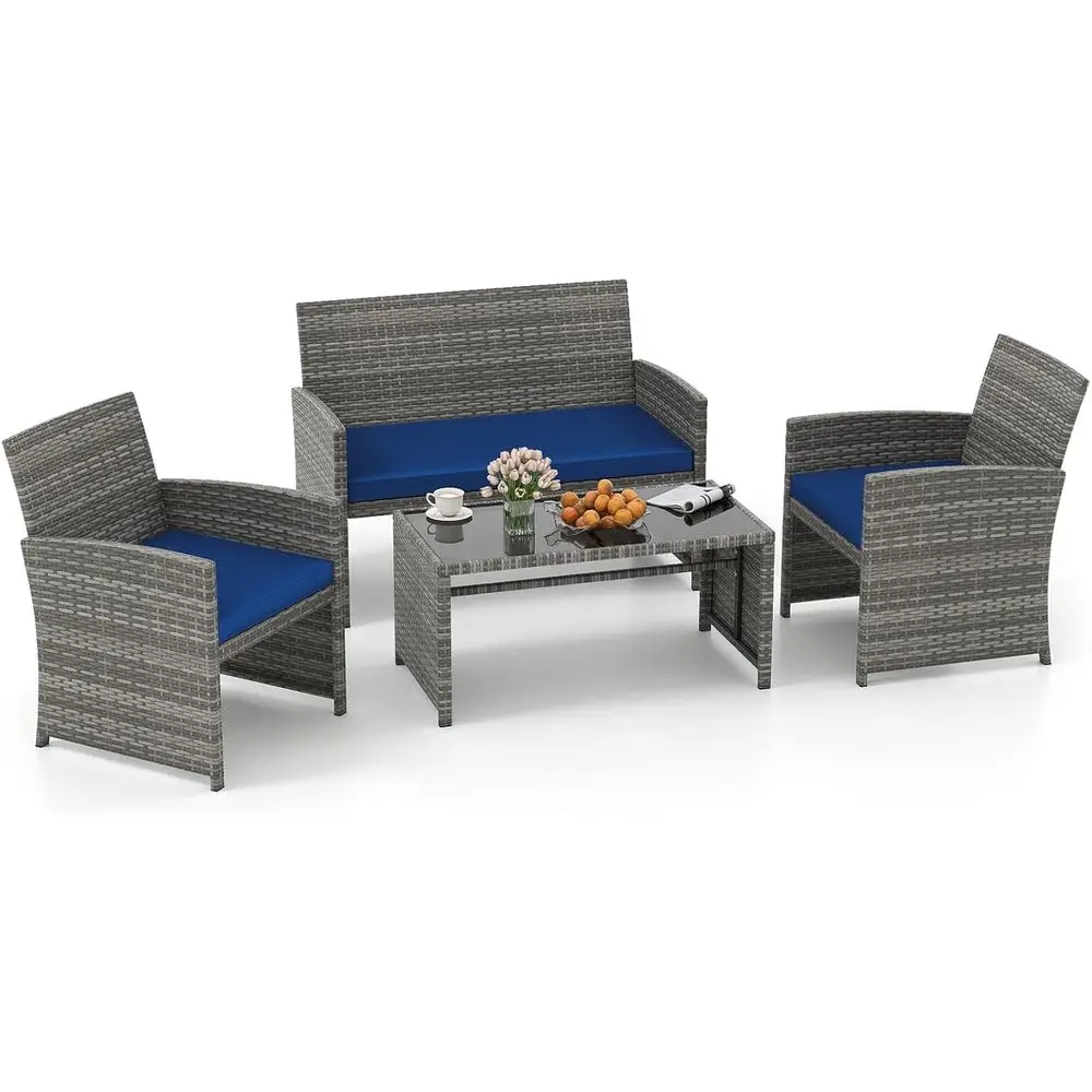

Navy Blue Outdoor Patio Wicker Furniture Set with Cushioned Chairs, Loveseat, and Glass Coffee Table for Backyard, Balcony, or P