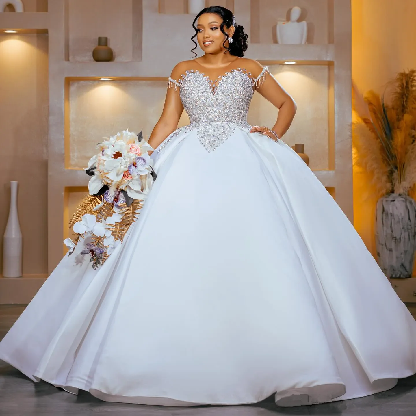 Customized Plus Size Wedding Dresses For Bride Detachable Train Mermaid Ball Gown Sheer Neck Short Sleeves Beaded Bridal Gowns