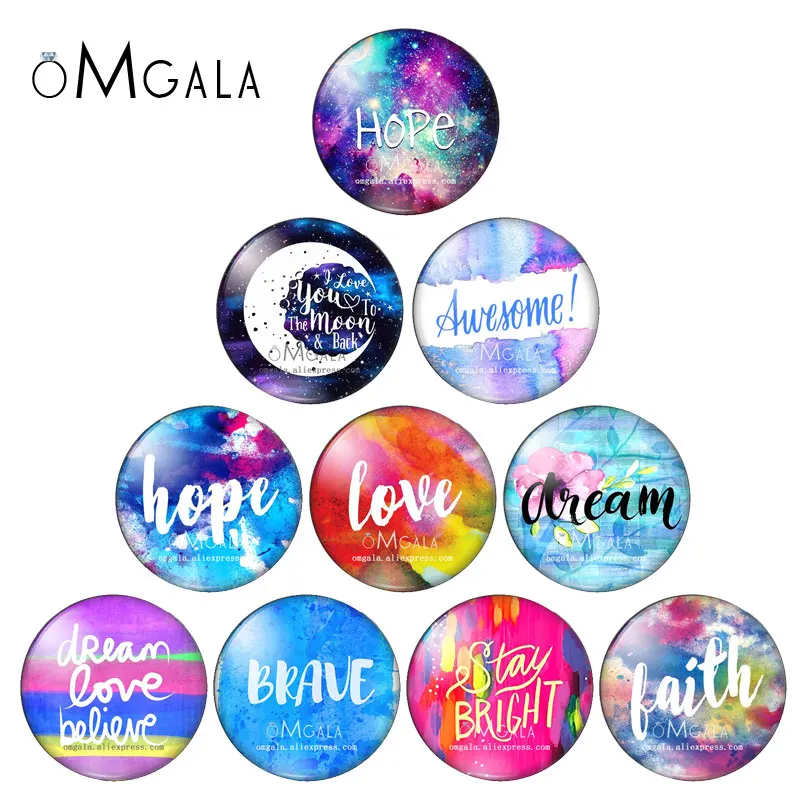 Faith Hope Love Believe Brave Awesome words 10pcs 12mm/18mm/20mm/25mm Round photo glass cabochon demo flat back Making findings