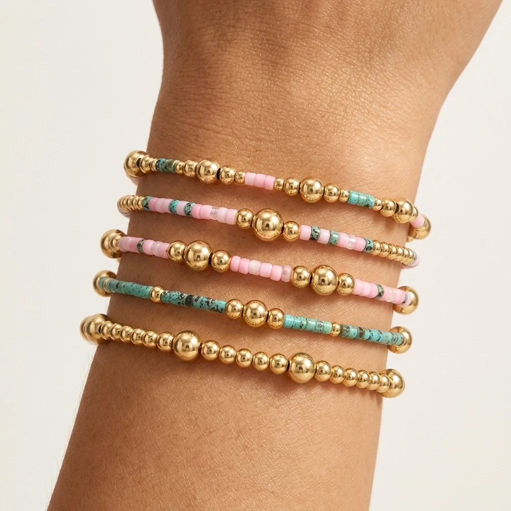 

5pcs Glass Beaded Copper Bohemian Stretch Bracelet Set Round Ball Layered Bracelets For Women