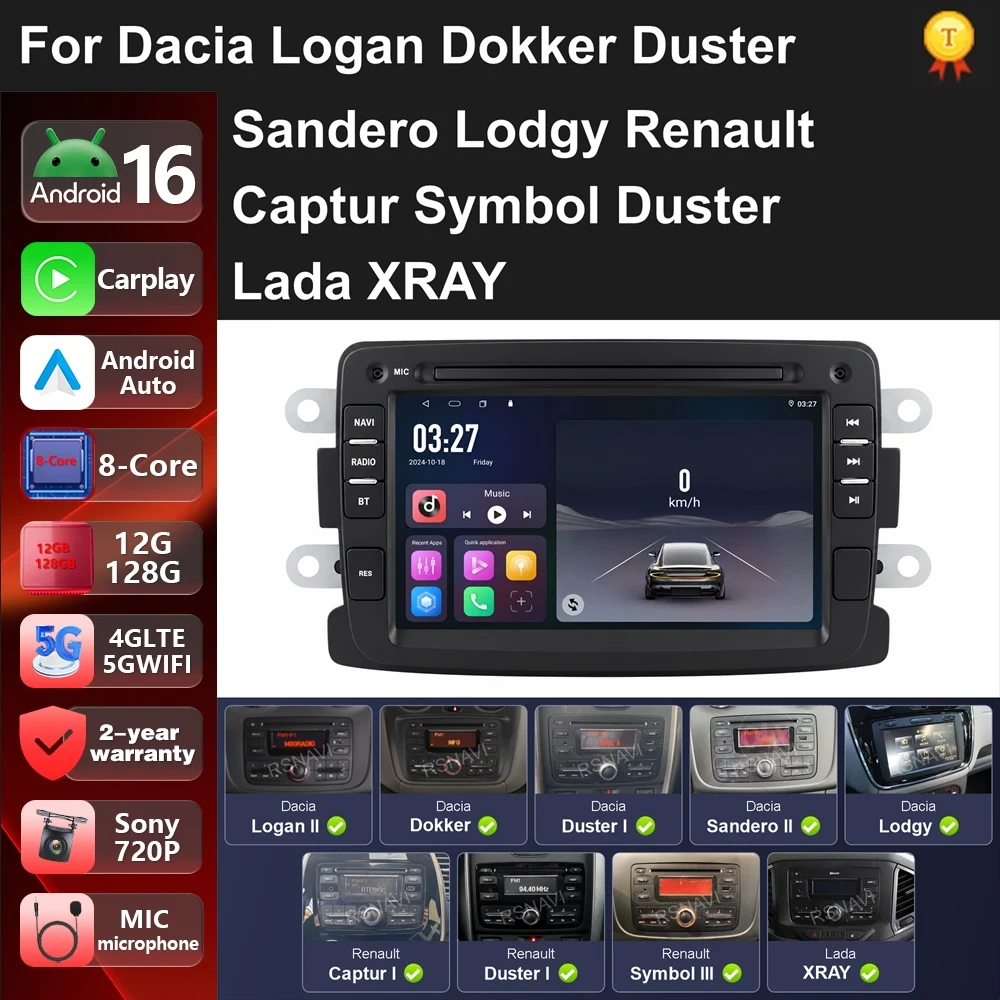 Car Radio Android 16 For Dacia Logan Dokker Duster Sandero Lodgy Renault Captur Symbol Duster Lada XRAY carplay GPS Navigation