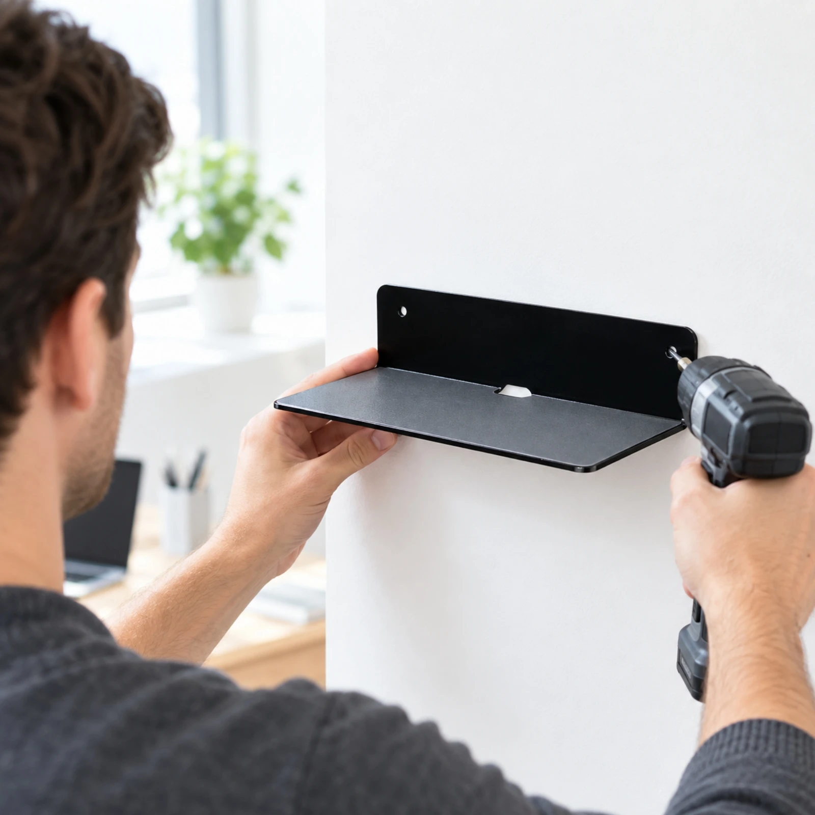 L-Shaped Wall-Mounted Shelf Floating Small Wall Shelf with Cable Notch Easy to Install Decorative for Desk Area, Countertop