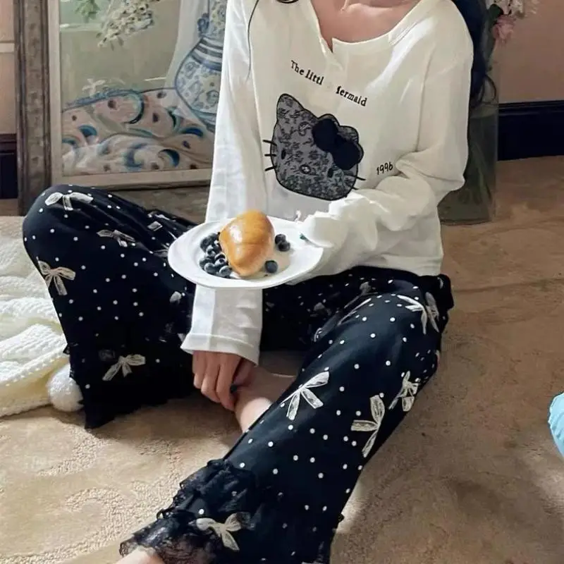 

Пижамы Sanrio Hello Kitty Kawaii, пижамный комплект, весенне-осенний удобный хлопковый комплект с бантом и длинными рукавами из мультфильма, комплект домашней одежды