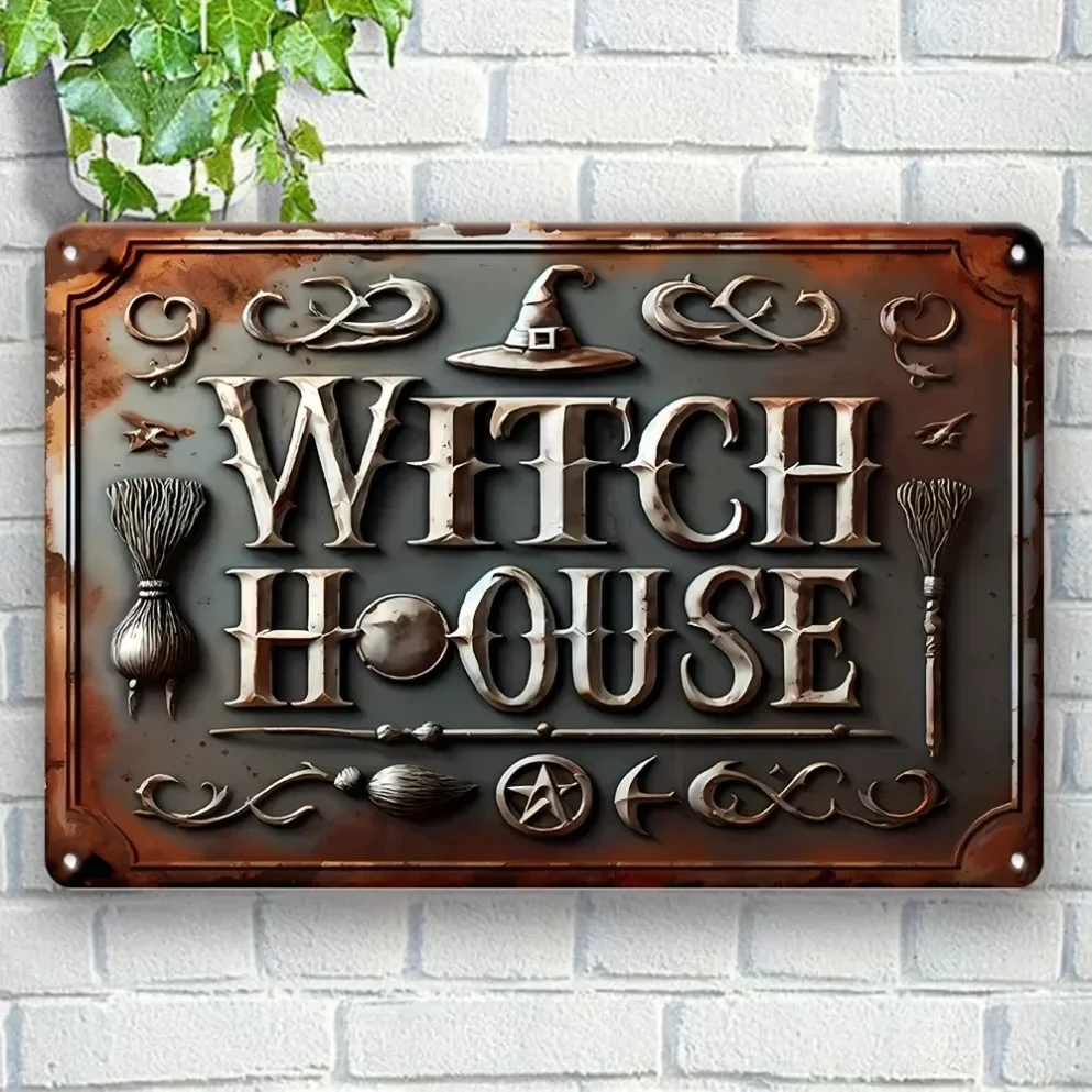 Pretty Witch House Metal Tin Sign, 20x30cm Retro Vintage Witch Hat Broom Wall Plaque for Halloween Decor