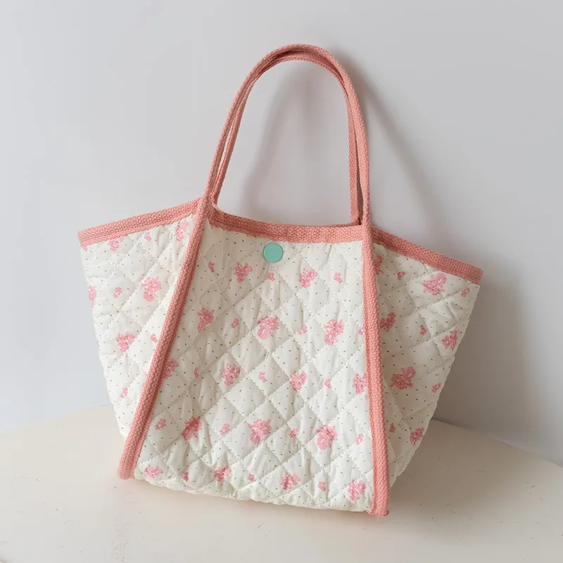 Quilted Patch Work Cotton Shopping Bag Reversible Small Floral Hand Bags Large Capacity For Women