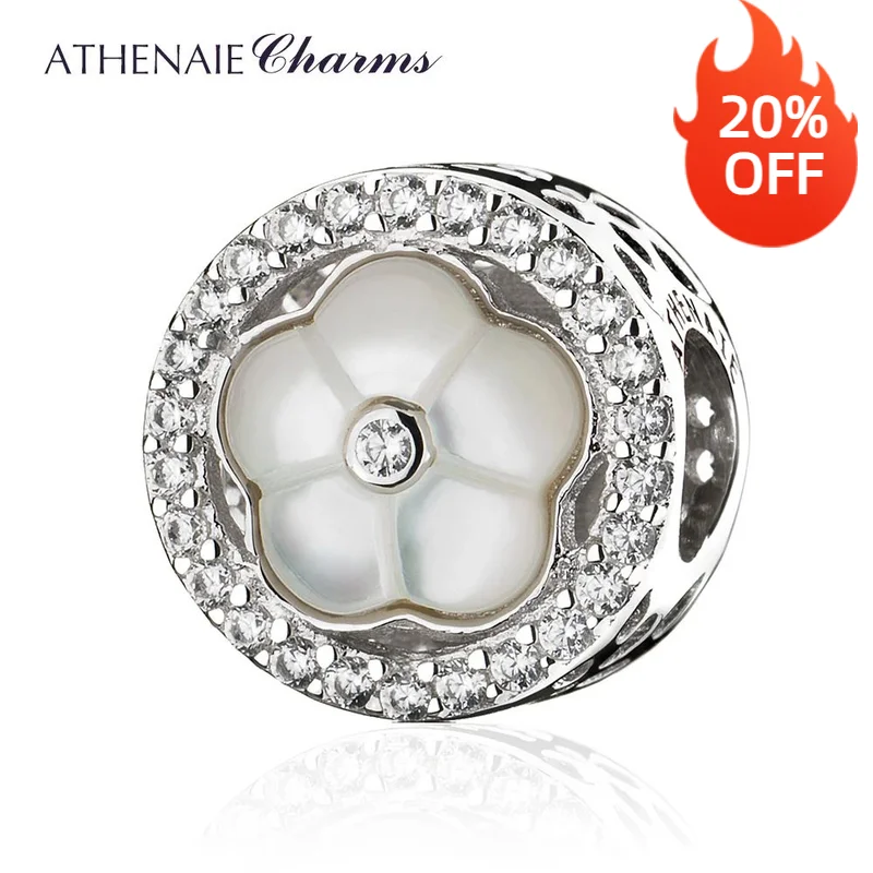 

ATHENAIE Real 925 Sterling Silver Clear CZ Wildflower Round Charms Beads fit Women Bracelets Necklaces DIY Jewelry Making