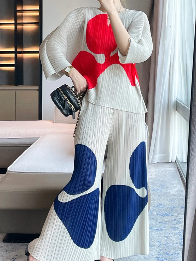 LANMREM Casual Print Pleated 2 Pieces Set Women Long Sleeves T-shirt High Waist Wide Leg Pants Loose 2023 Autumn New 2AA3016