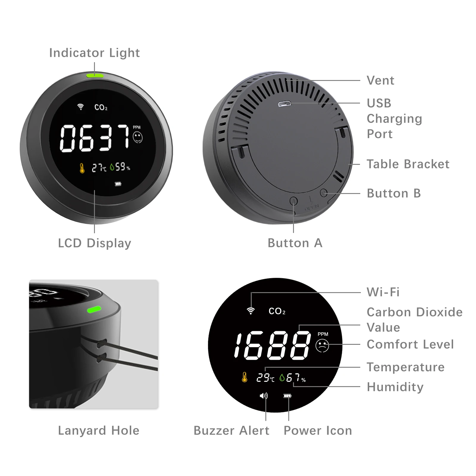 Portable WIFI CO2 Carbon Dioxide Detector  NDIR Sensor Temperature Humidity Indoor Wifi CO2 Meter Sensor Monitors