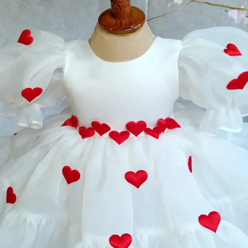 Girls Summer New Red Love White Bubble Sleeve Mesh Fluffy Dress Birthday Party Wedding Flower Girl Sweet and Cute Dress