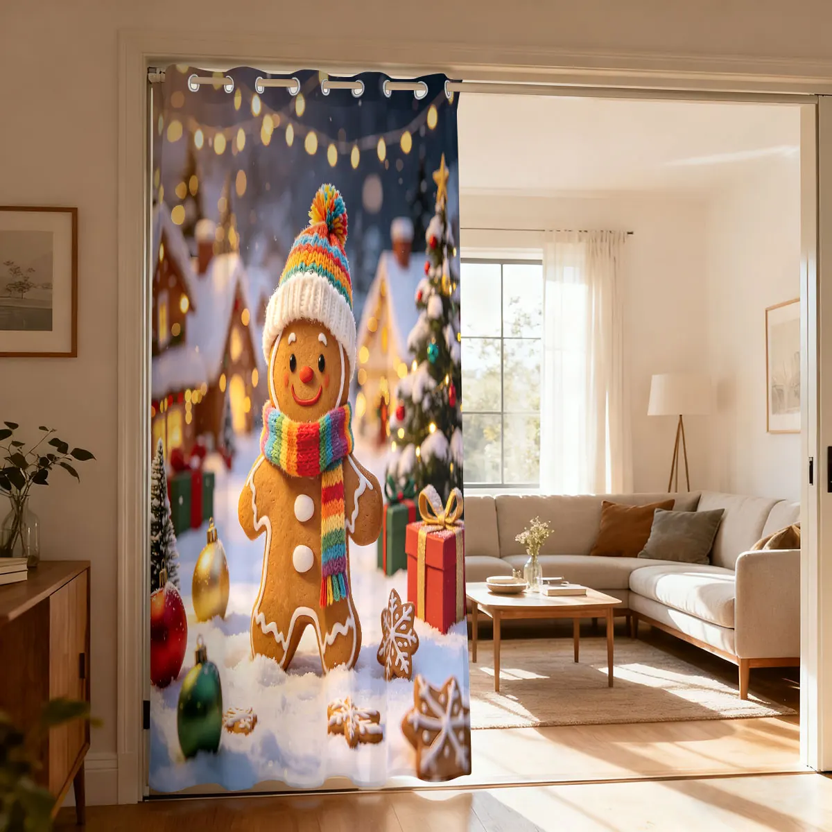Christmas Gingerbread Man Snow Scene Loop Curtain Light Blocking Privacy Curtain Perforated Hanging for Door Bedroom Bathroom