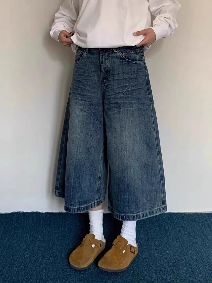 Pantaloni a sette piedi in denim scozzese americano retrò ket ex Pantaloni medi a gamba larga versatili casual larghi estivi