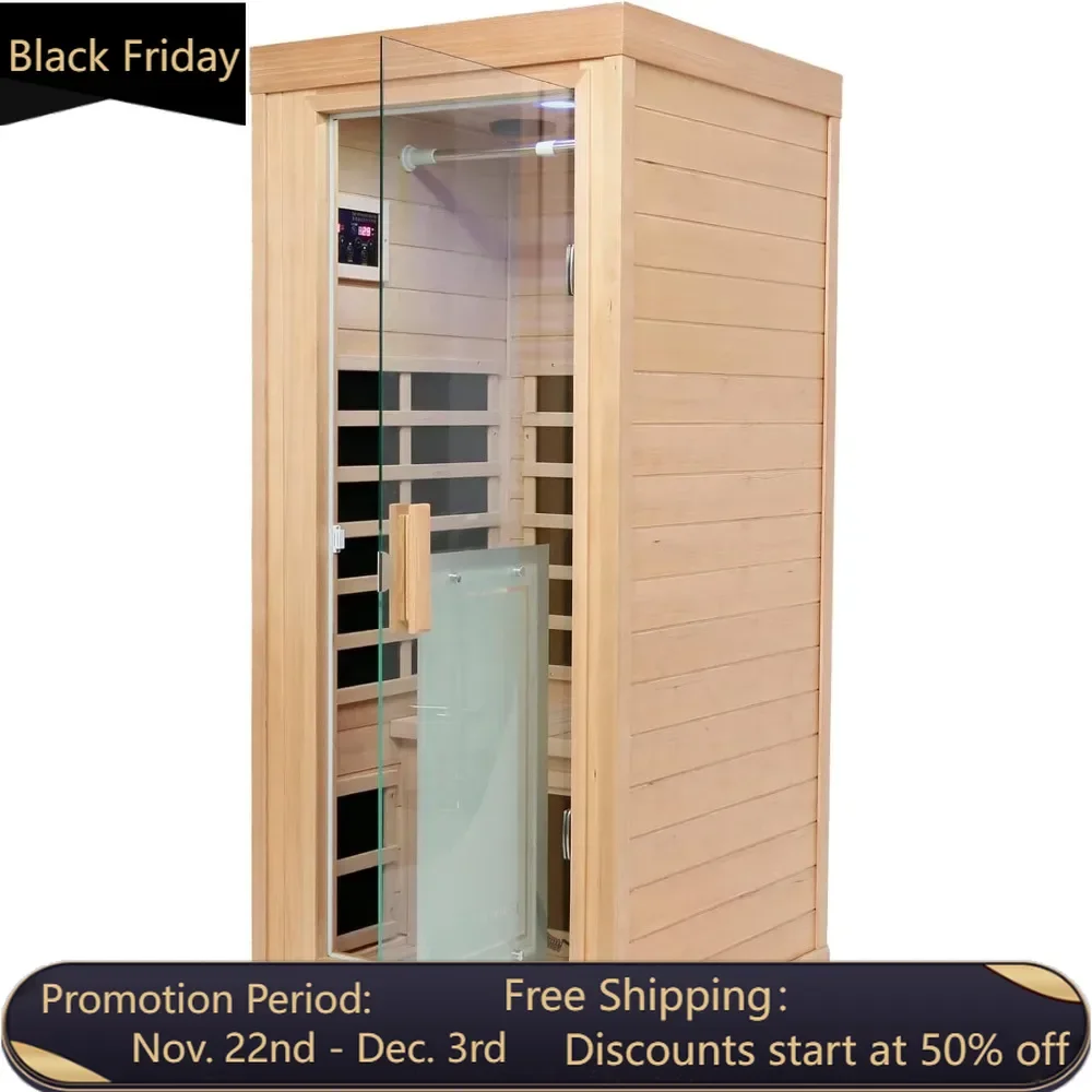 Far Infrared Sauna Room, Home Sauna, 1 Person Indoor Sauna,1,350 watt, Canadian Hemlock, LED Reading Lamp, LCD Display-Control