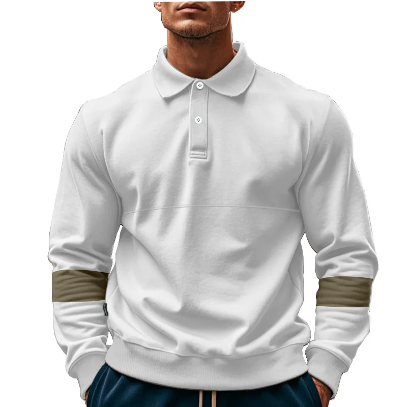 Autumn Winter Retro Heavy-duty Lapel Button-down Long-sleeved Polo T-shirt Men Loose Color Matching Large-size Bottoming Shirt