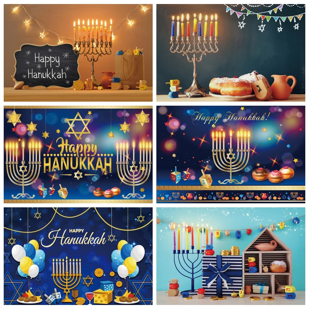 Happy Hanukkah Backdrop for Photography Jewish Holy Holiday Festival Party Candle Candelabra Background Decor Photo Studio Props