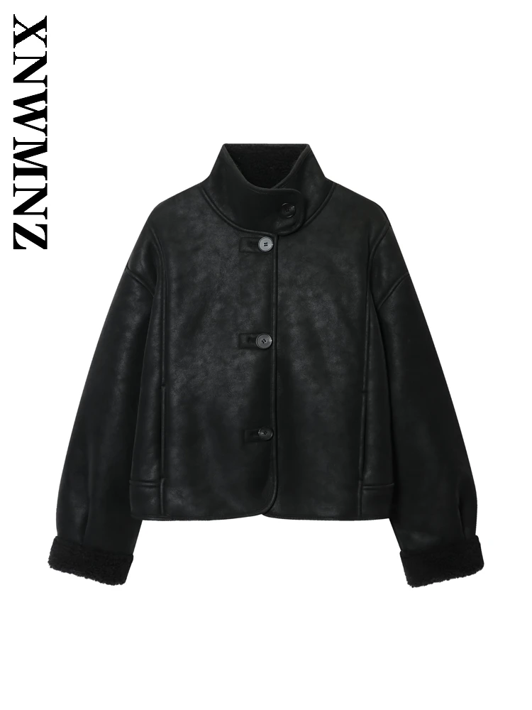 

XNWMNZ 2025 Autumn Woman's Fashion Vintage Long Sleeve Stand Collar Imitation Leather Jacket Casual Lady Single-breasted Coat