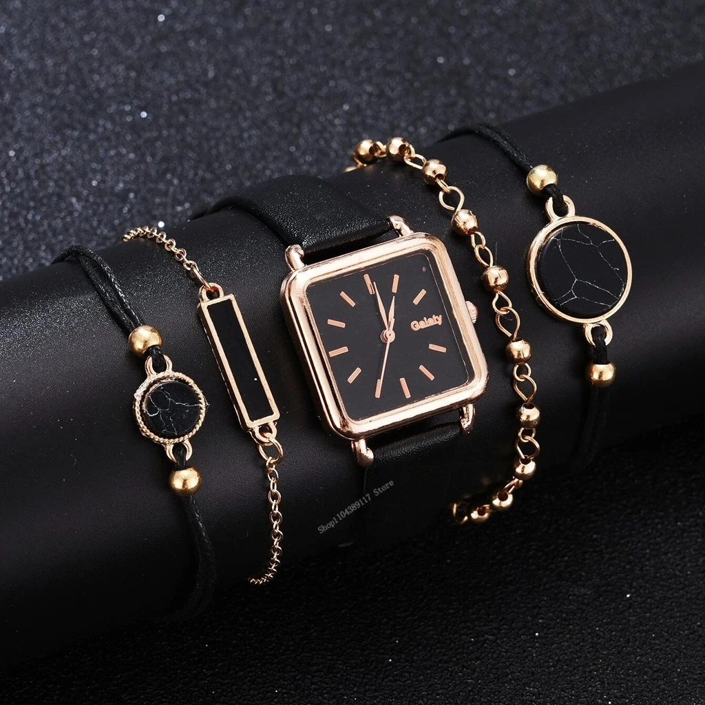 

5pcs Women's Fashion Watch Square Simple Dial Leather Quartz Watch Women Dress Clock Wristwatches for Girl Gift Feminino Reloj