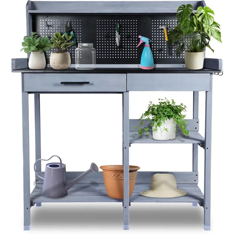 Outdoor Potting Bench Table,Garden Work Bench Metal Tabletop Horticulture with Shelf Rack Wooden Potting Benches for Outside wit